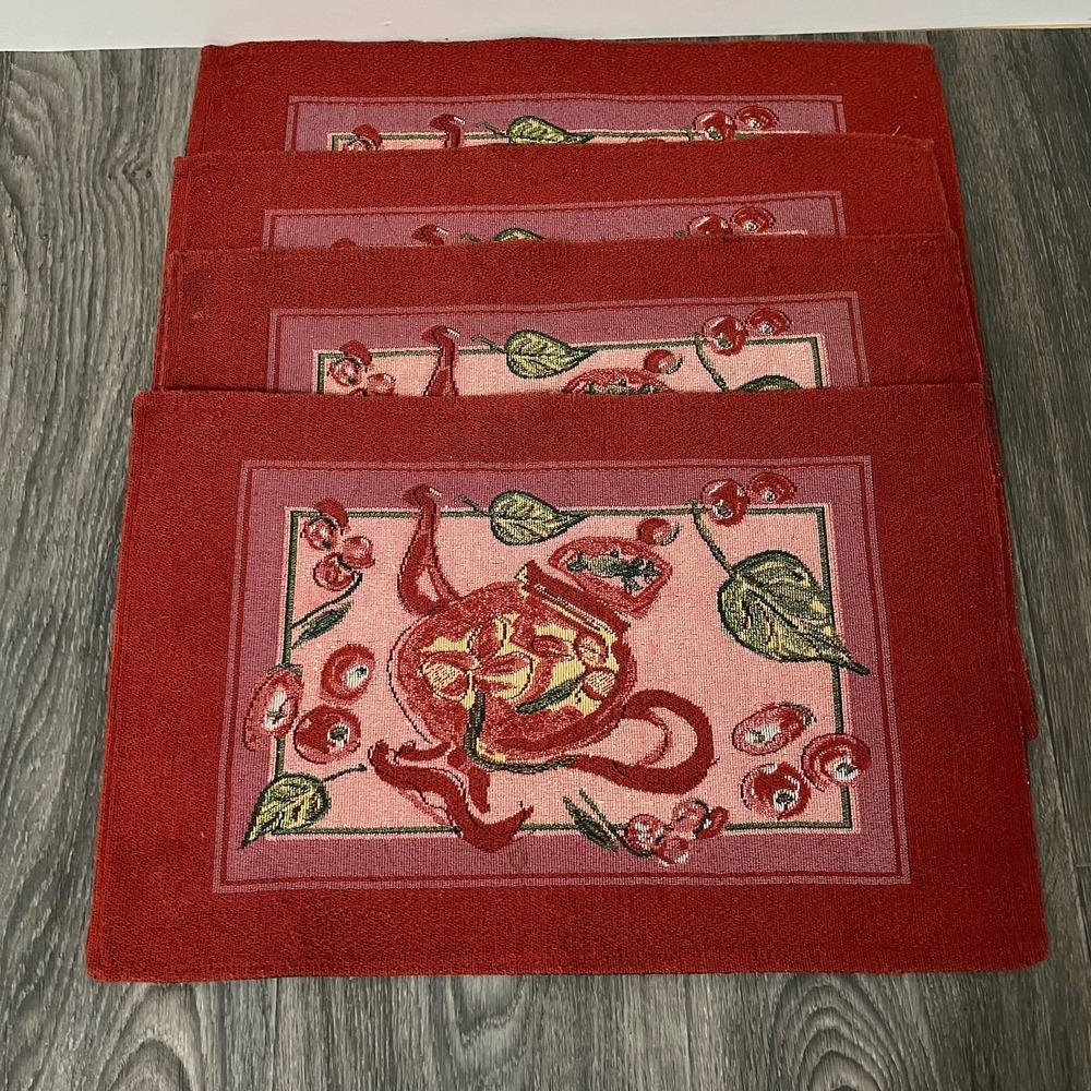 Vintage 90s April Cornell Placemats Cherry Teapot Tapestry Set of 4 Red Cottage